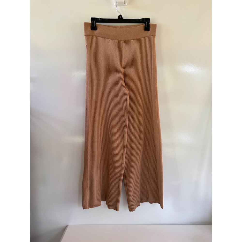Aerie Ribbed Knit Wide Leg Pants Camel Tan High Rise Sweater Trousers Large